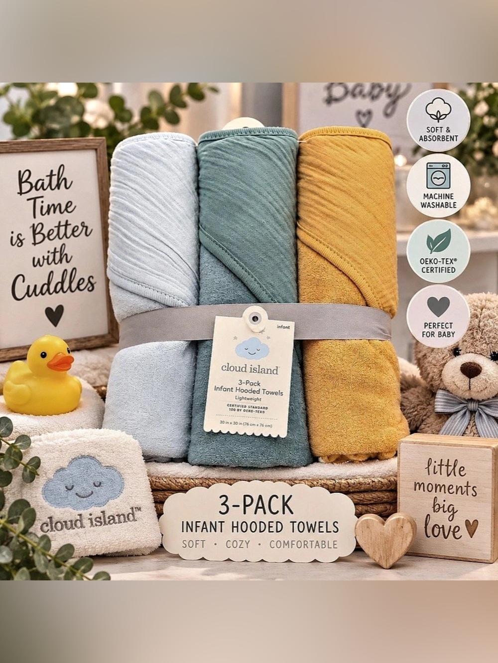 Cloud Island 3-Pack Infant Hooded Towels Blue Sage Mustard 30x30 NWT